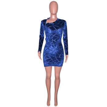  New Chic Zipped Mini Dress(Royal Blue) Womens Long Sleeve Side Slit Skinny Velvet Short Party Dress 